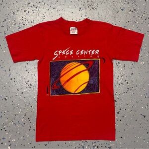 Vintage 90s Oneita Space Center Houston Graphic Shirt Red USA Single Stitch S
